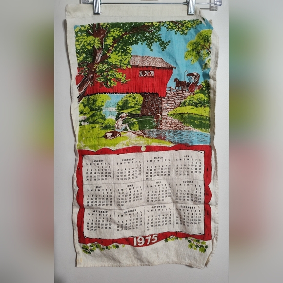 Vintage 1974 Linen Calendar Tea Towel Barn Cabin Pond Horse 28x16 - Picture 1 of 6